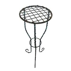 VTG Wrought Iron Twisted Scroll Ball Foot Pedestal Plant Stand Black Turquoise